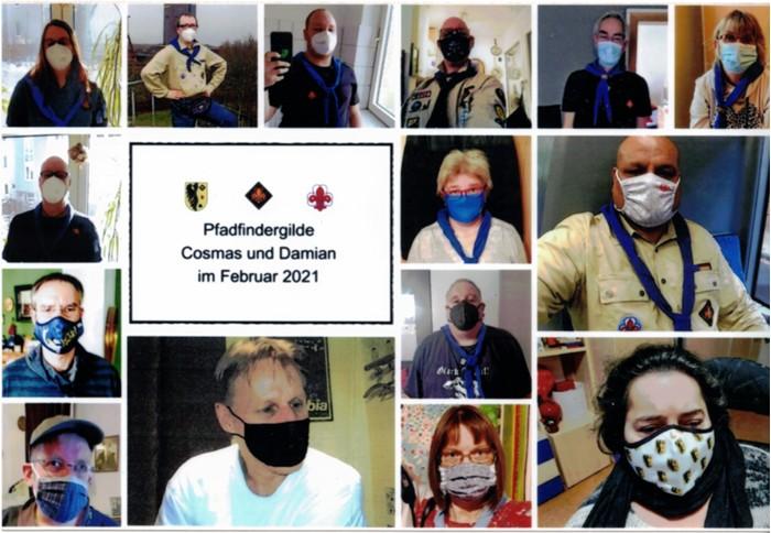 Collage: 15 Einzelportraits. Alle tragen einen Mundschutz. Einige tragen eine Pfadfinderkluft bzw. ein blaues Halstuch. In der Mitte steht der Text: Pfadfindergilde Cosmas und Damian im Februar 2021